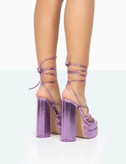 Glow Girl Purple Metallic PU Lace Up Platform High Heels -Chic Footwear Shop 771A0103