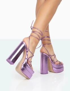 Glow Girl Purple Metallic PU Lace Up Platform High Heels -Chic Footwear Shop 771A0104