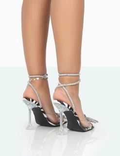 Glimmer Zebra Monochrome Wrap Around Diamante Bow Square Toe Heels 9 Glimmer Zebra Monochrome Wrap Around Diamante Bow Square Toe Heels -Chic Footwear Shop 771A0141