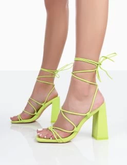 Coco Lime Grain Square Toe Strappy Lace Up Block Heels -Chic Footwear Shop 771A0268