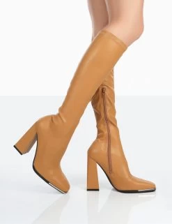 Caryn Camel Grain Pu Patent Knee High Block Heeled Boots -Chic Footwear Shop 771A0286
