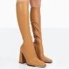 Caryn Camel Grain Pu Patent Knee High Block Heeled Boots 2 Caryn Camel Grain Pu Patent Knee High Block Heeled Boots -Chic Footwear Shop 771A0287