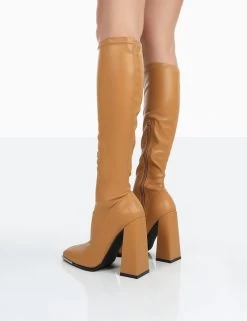Caryn Camel Grain Pu Patent Knee High Block Heeled Boots -Chic Footwear Shop 771A0288