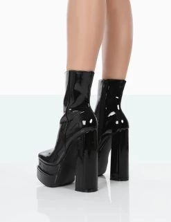 Supine Wide Fit Black Patent Chunky Platform High Heeled Ankle Boots Block -Chic Footwear Shop 771A0448