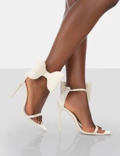 Zeal Off White Satin Strappy Bow Ankle Detail Stiletto Heels -Chic Footwear Shop 771A0650