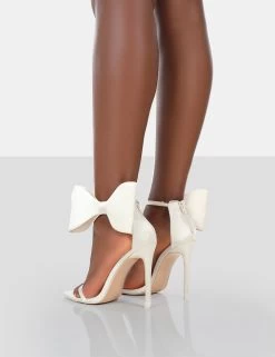 Zeal Off White Satin Strappy Bow Ankle Detail Stiletto Heels -Chic Footwear Shop 771A0653