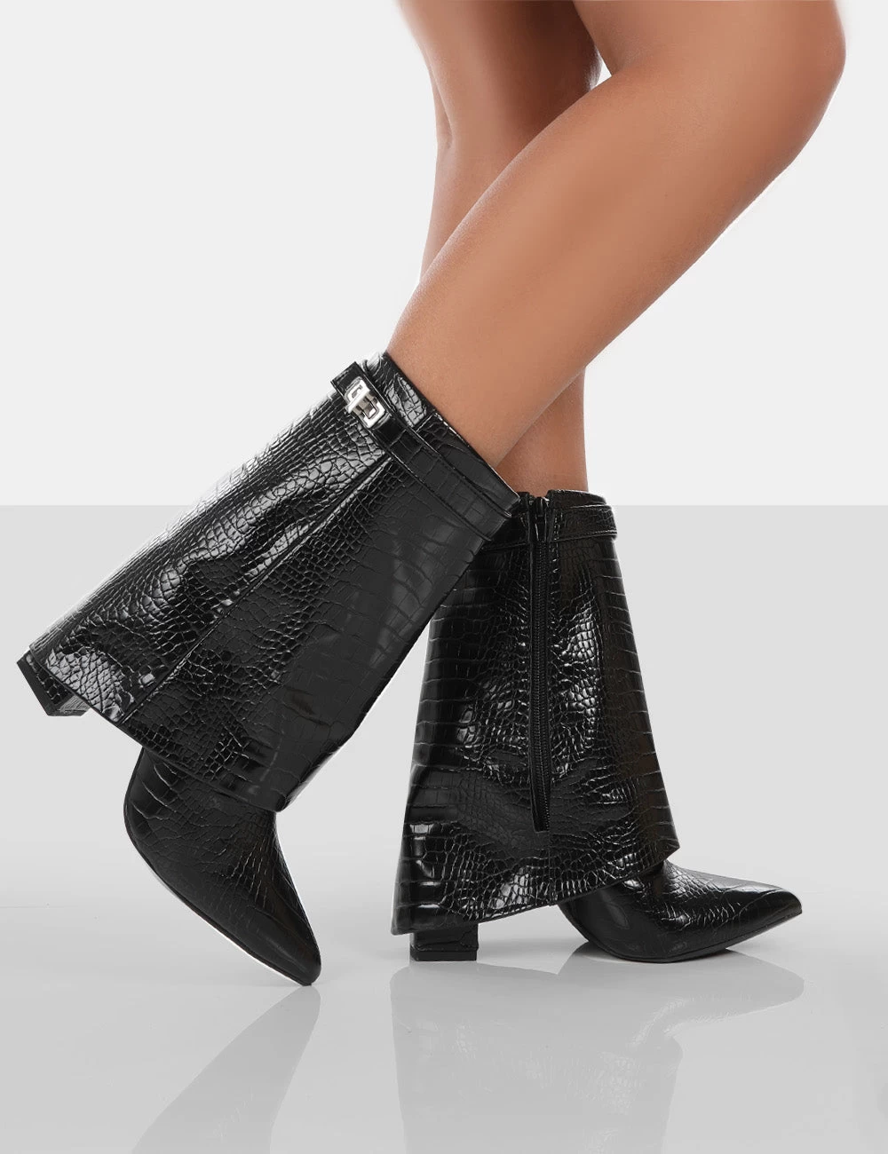Fyre Black Croc Pointed Toe Block Heeled Ankle Boots 5 Fyre Black Croc Pointed Toe Block Heeled Ankle Boots - Image 3
