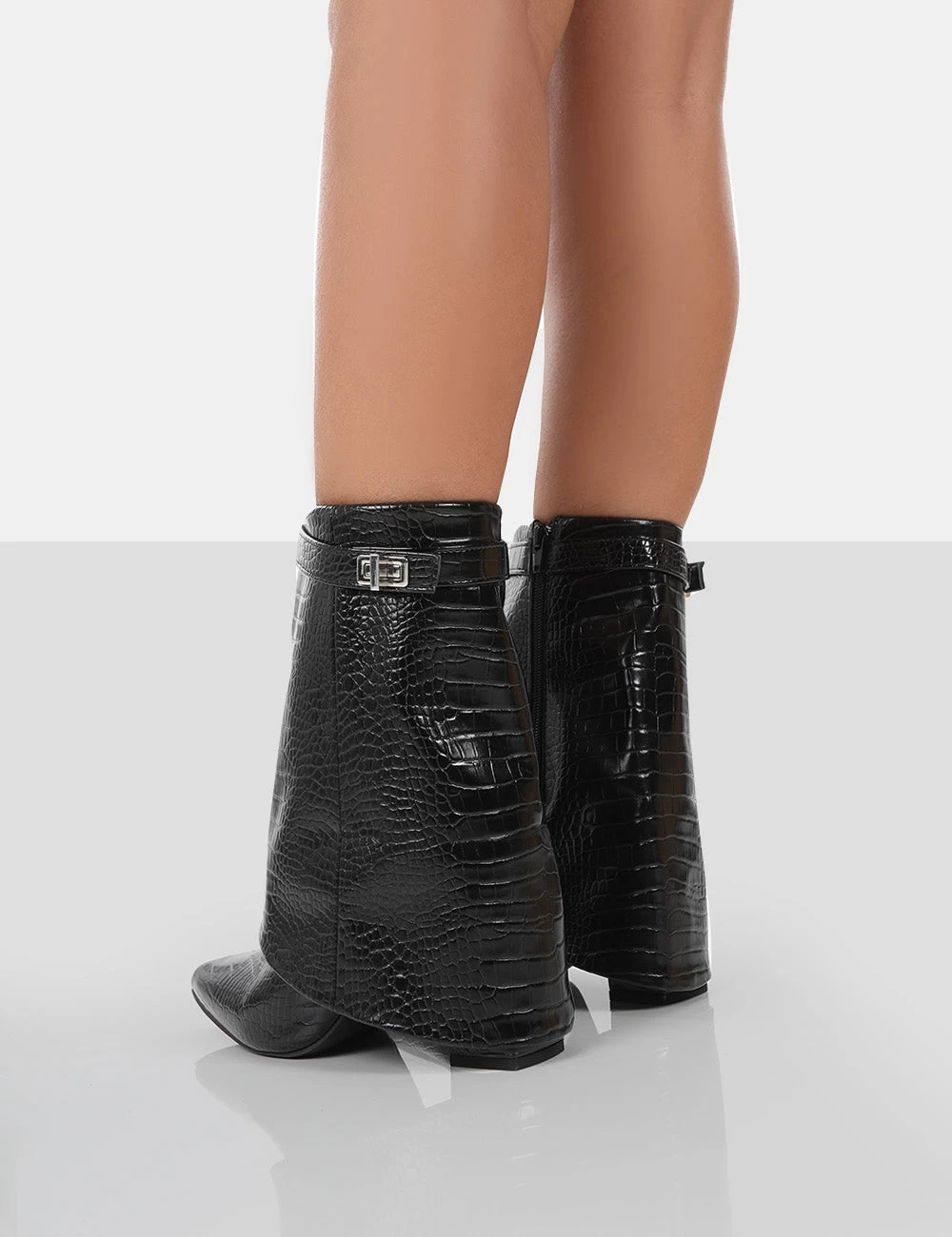 Fyre Black Croc Pointed Toe Block Heeled Ankle Boots 4 Fyre Black Croc Pointed Toe Block Heeled Ankle Boots - Image 2