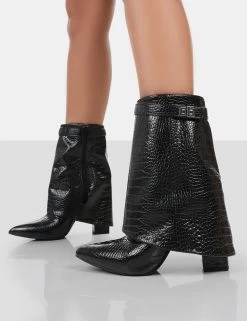 Fyre Black Croc Pointed Toe Block Heeled Ankle Boots 9 Fyre Black Croc Pointed Toe Block Heeled Ankle Boots -Chic Footwear Shop 771A0741