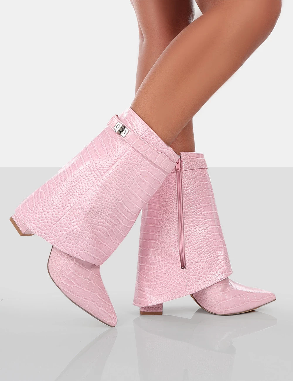 Fyre Baby Pink Croc Pointed Toe Block Heeled Ankle Boots 6 Fyre Baby Pink Croc Pointed Toe Block Heeled Ankle Boots - Image 4