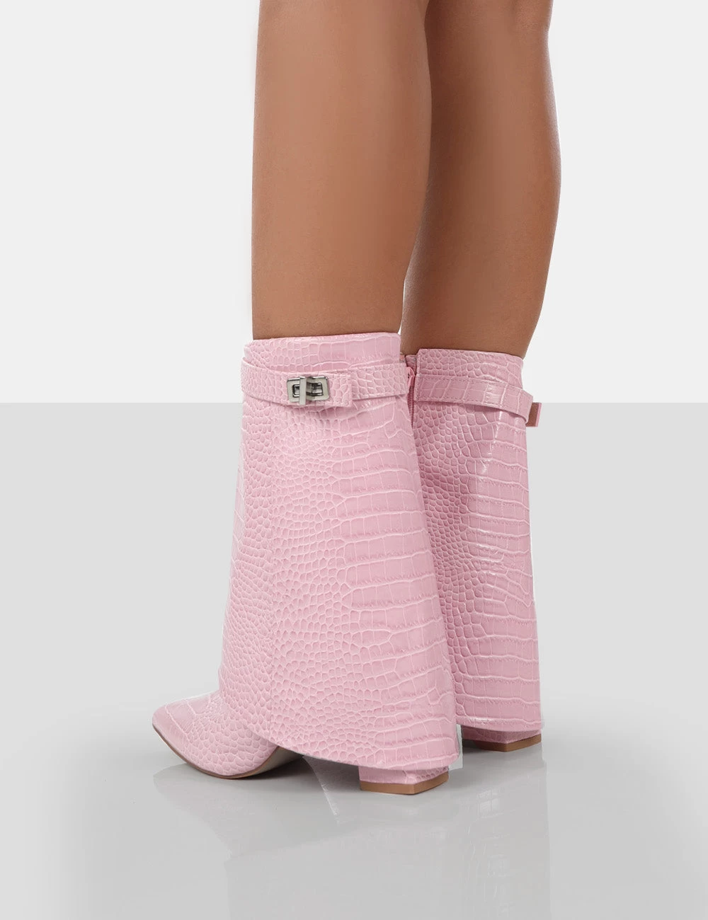 Fyre Baby Pink Croc Pointed Toe Block Heeled Ankle Boots 4 Fyre Baby Pink Croc Pointed Toe Block Heeled Ankle Boots - Image 2