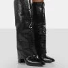 Zendaya Black Patent Croc Pointed Toe Knee High Block Boots -Chic Footwear Shop 771A0752