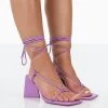 Atlas Purple Patent Square Toe Lace Up Flared Mid Block Heeled Sandals