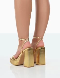 Boujee Gold Metallic Square Toe Strappy Block Heels -Chic Footwear Shop 771A0847