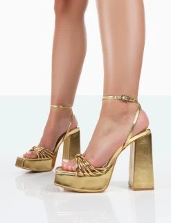 Boujee Gold Metallic Square Toe Strappy Block Heels -Chic Footwear Shop 771A0848