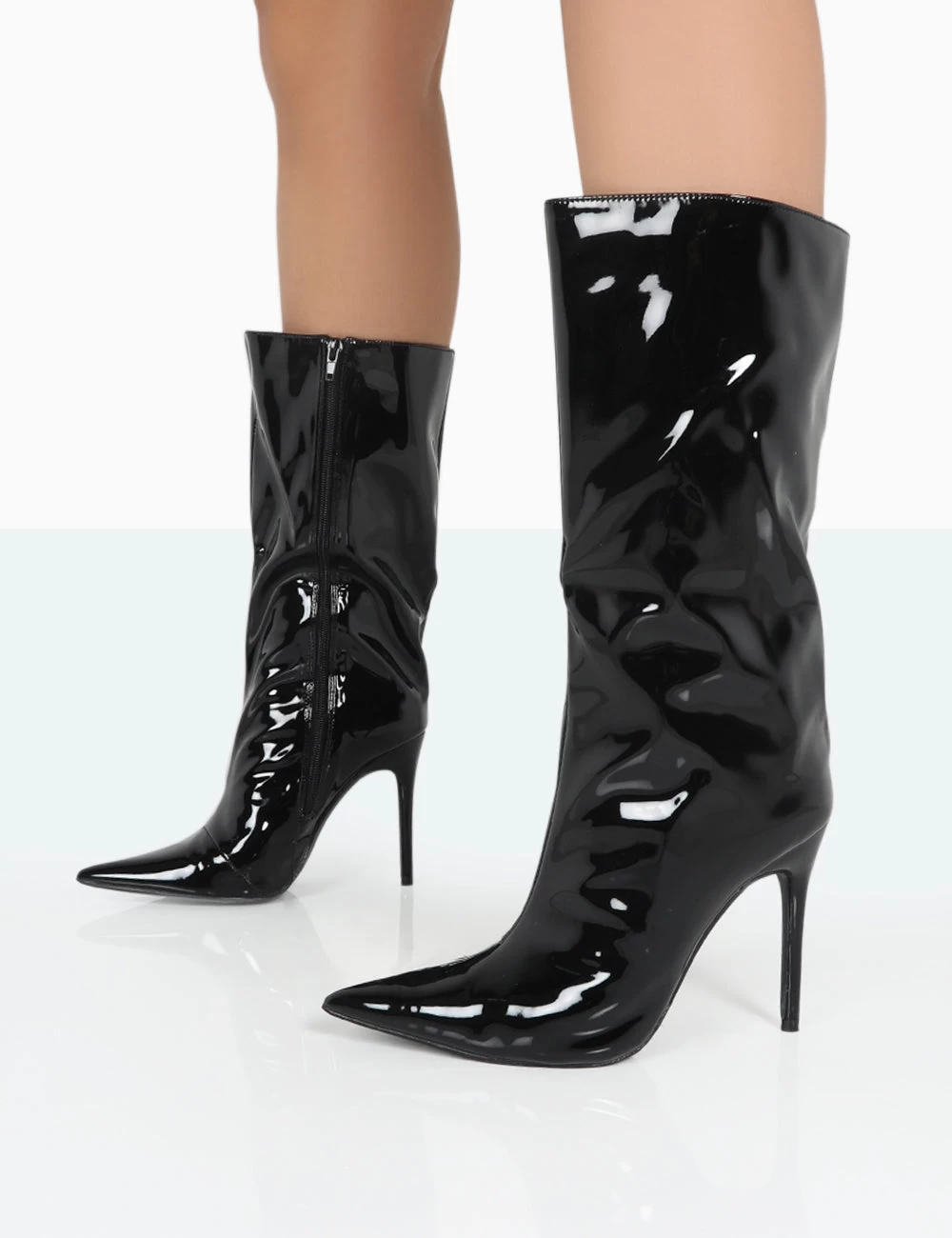 Wanda Black Patent PU Pointed Toe Stiletto Knee High Boots 4 Wanda Black Patent PU Pointed Toe Stiletto Knee High Boots - Image 2