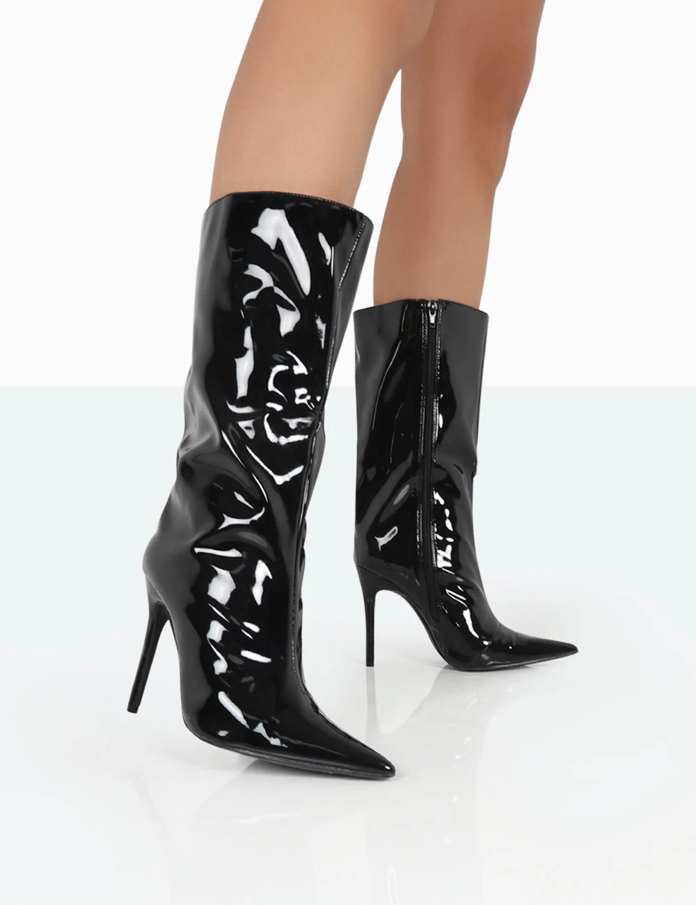 Wanda Black Patent PU Pointed Toe Stiletto Knee High Boots 3 Wanda Black Patent PU Pointed Toe Stiletto Knee High Boots