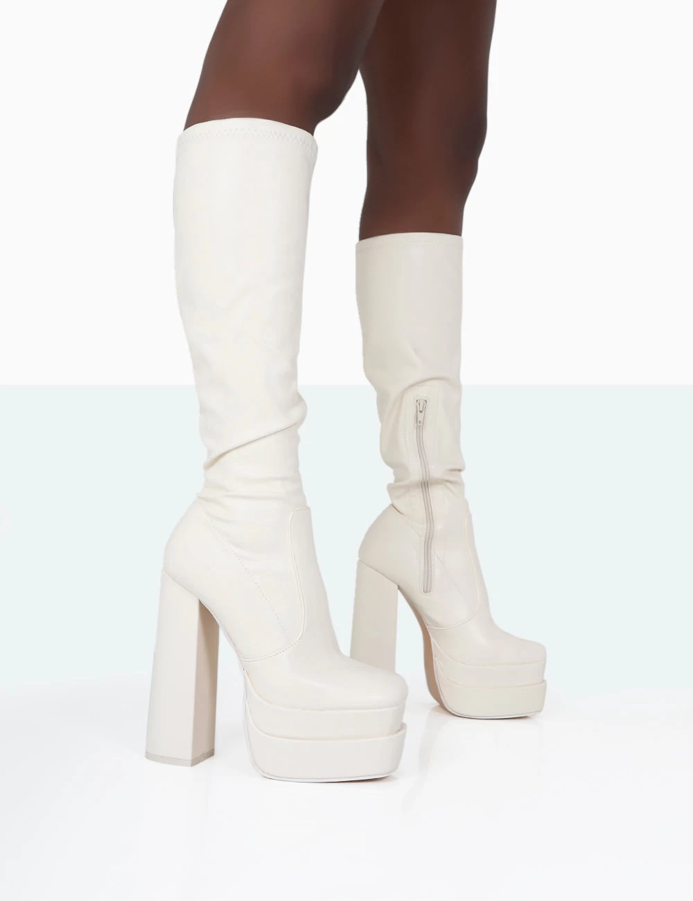 Passive Ecru PU Square Toe Platform Block Heel Over The Knee Boots 3 Passive Ecru PU Square Toe Platform Block Heel Over The Knee Boots