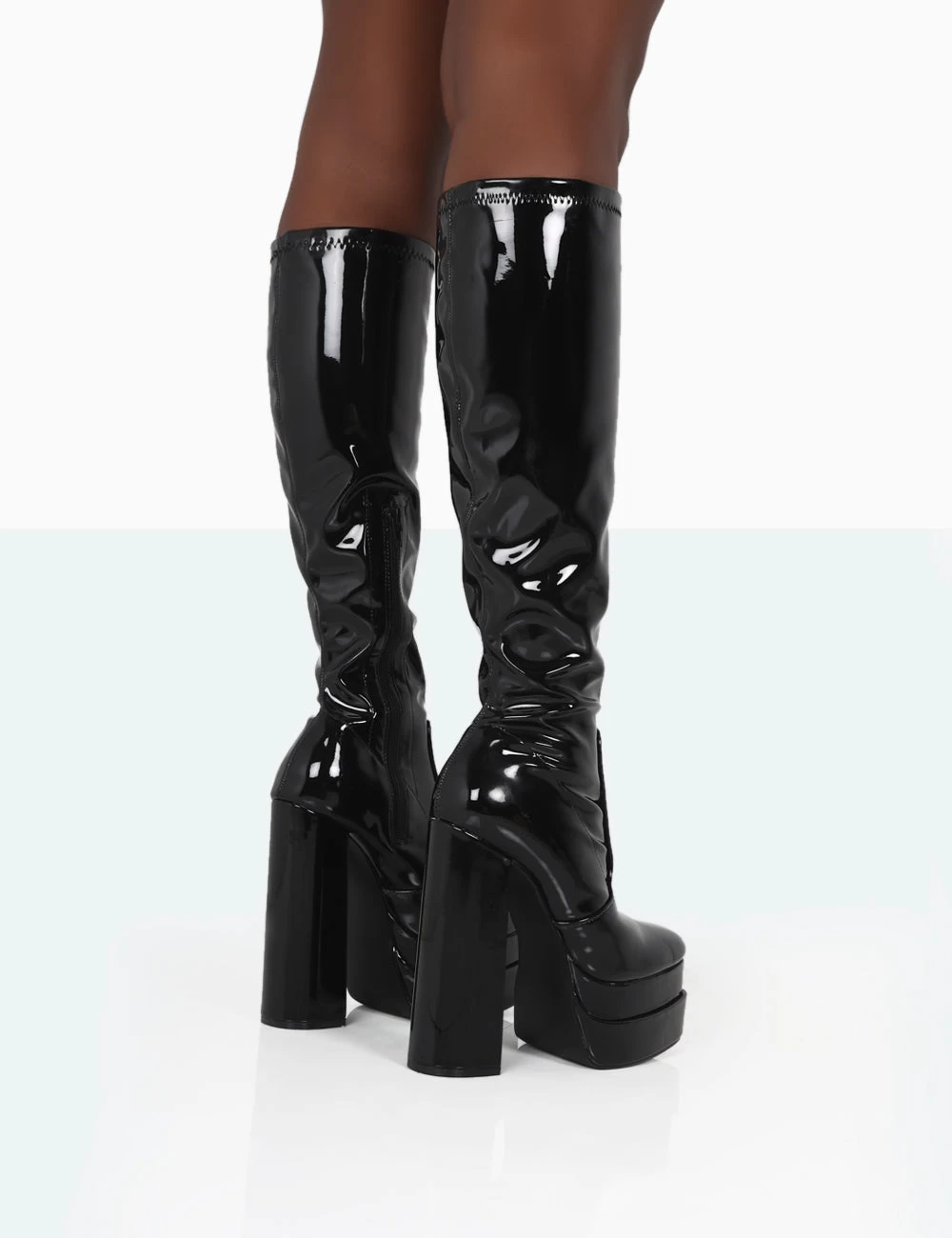 Passive Black Patent Square Toe Platform Block High Heel Over The Knee Boots 6 Passive Black Patent Square Toe Platform Block High Heel Over The Knee Boots - Image 4