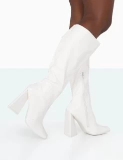 Senna Wide Fit Ecru PU Knee High Heeled Boots -Chic Footwear Shop 771A0986 2e0dee51 d6b2 46ef 8929 a43b6728ac01
