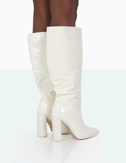 Posie Wide Fit Ecru Croc Knee High Block Heel Boots -Chic Footwear Shop 771A0991 530c2406 a465 4e36 924b 51c3e6863fe7