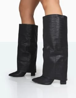 Zendaya Wide Fit Matt Black Croc Pointed Toe Knee High Boots 8 Zendaya Wide Fit Matt Black Croc Pointed Toe Knee High Boots -Chic Footwear Shop 771A1123