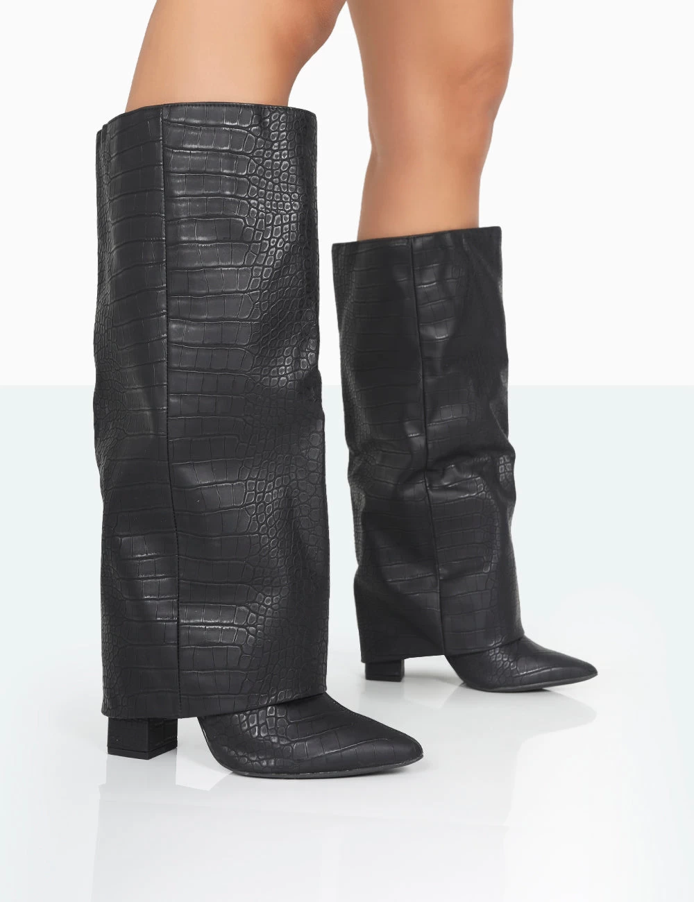 Zendaya Wide Fit Matt Black Croc Pointed Toe Knee High Boots 3 Zendaya Wide Fit Matt Black Croc Pointed Toe Knee High Boots