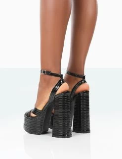 Zurra Black Metallic Pu Open Toe Platform Block Heels -Chic Footwear Shop 771A1366