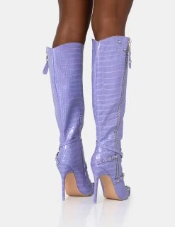 Worthy Lilac Croc Studded Zip Detail Pointed Toe Stiletto Knee High Boots -Chic Footwear Shop 771A1427