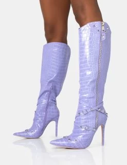 Worthy Lilac Croc Studded Zip Detail Pointed Toe Stiletto Knee High Boots -Chic Footwear Shop 771A1428