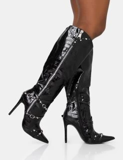 Worthy Black Croc Studded Zip Detail Pointed Toe Stiletto Knee High Boots -Chic Footwear Shop 771A1429 51e353d9 fc01 4791 80b1 b3a064b18220