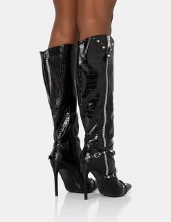 Worthy Black Croc Studded Zip Detail Pointed Toe Stiletto Knee High Boots -Chic Footwear Shop 771A1431 d81cda6a 314c 4845 954d 686c48941ef9