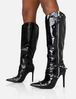 Worthy Black Croc Studded Zip Detail Pointed Toe Stiletto Knee High Boots -Chic Footwear Shop 771A1432 23ed95c7 3ca3 4b8b 8abd 56dc71282a6a