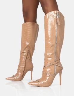 Worthy Camel Croc Studded Zip Detail Pointed Toe Stiletto Knee High Boots -Chic Footwear Shop 771A1436