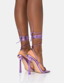 Lacey Purple Metallic Square Toe Strappy Lace Up Stiletto Heels 9 Lacey Purple Metallic Square Toe Strappy Lace Up Stiletto Heels -Chic Footwear Shop 771A1449