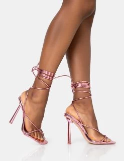 Lacey Pink Metallic Square Toe Strappy Lace Up Stiletto Heels -Chic Footwear Shop 771A1451