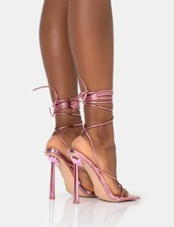 Lacey Pink Metallic Square Toe Strappy Lace Up Stiletto Heels -Chic Footwear Shop 771A1453