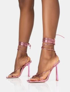 Lacey Pink Metallic Square Toe Strappy Lace Up Stiletto Heels -Chic Footwear Shop 771A1454