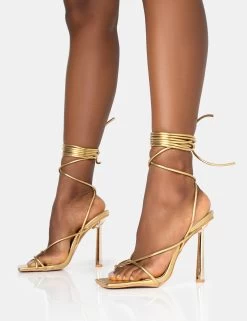 Lacey Gold Metallic Square Toe Strappy Lace Up Stiletto Heels -Chic Footwear Shop 771A1458