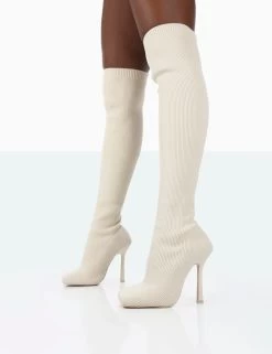 Bubbles White Knitted Wide Fit Square Toe Over The Knee Stiletto Boots -Chic Footwear Shop 771A1518 ccac41fc 34cb 4456 bc5b fff3c0e75277