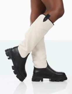 Genius Black PU Knee High Linen Platform Chunky Sole Boots -Chic Footwear Shop 771A1520