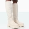 Genius Ecru PU Knee High Linen Platform Chunky Sole Boots -Chic Footwear Shop 771A1531