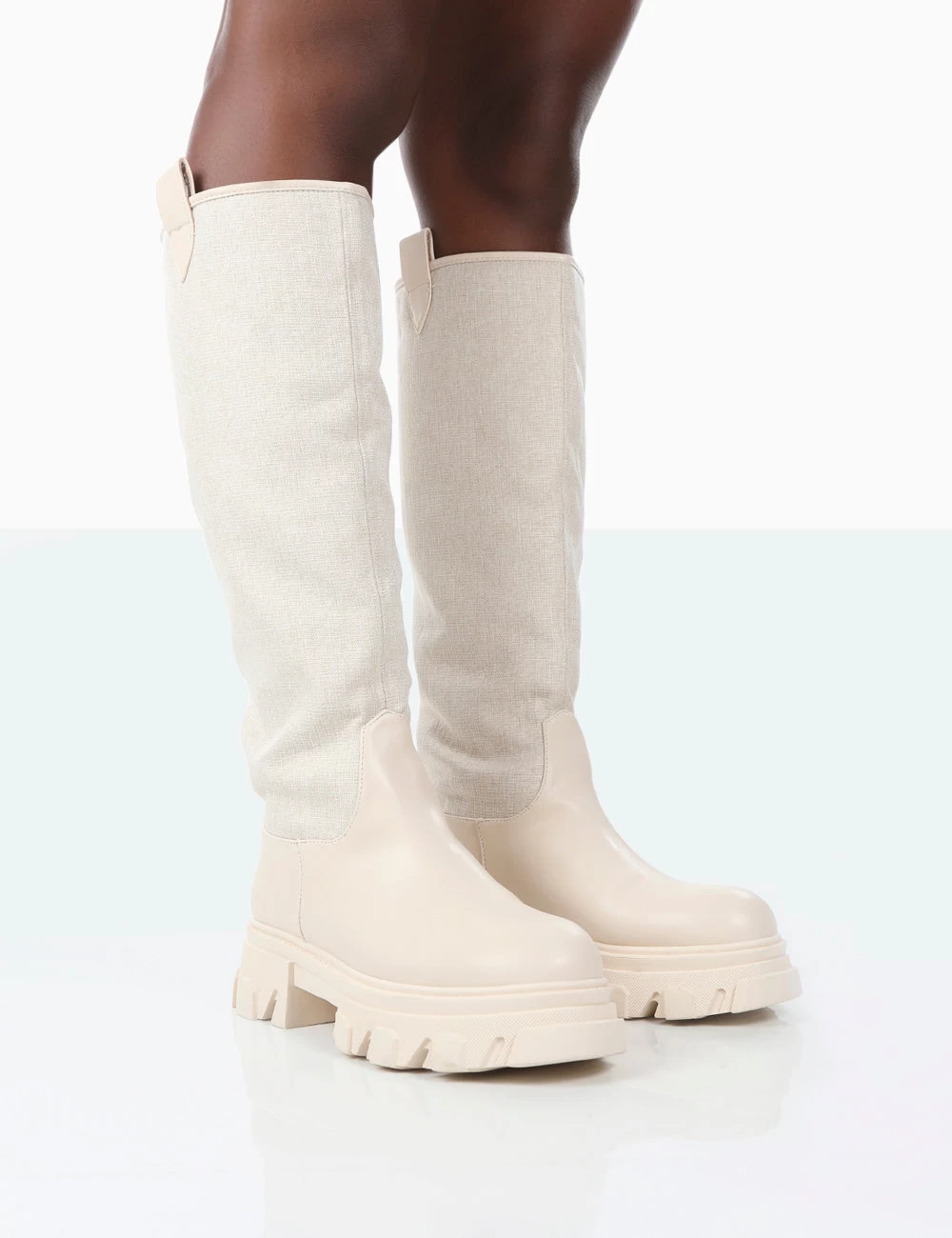 Genius Ecru PU Knee High Linen Platform Chunky Sole Boots 3 Genius Ecru PU Knee High Linen Platform Chunky Sole Boots