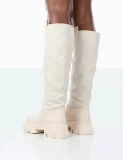 Genius Ecru PU Knee High Linen Platform Chunky Sole Boots 8 Genius Ecru PU Knee High Linen Platform Chunky Sole Boots -Chic Footwear Shop 771A1532