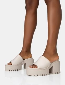 Sabeena Ecru Chunky Mule Round Toe Mid Heel Sandals -Chic Footwear Shop 771A1536