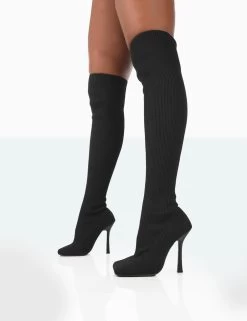 Bubbles Black Knitted Square Toe Over The Knee Stiletto Boots 9 Bubbles Black Knitted Square Toe Over The Knee Stiletto Boots -Chic Footwear Shop 771A1542