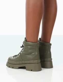 Hike There Khaki Pu Lace Up Chunky Sole Winter Boots -Chic Footwear Shop 771A1554