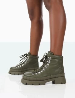 Hike There Khaki Pu Lace Up Chunky Sole Winter Boots -Chic Footwear Shop 771A1555