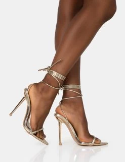 LOOK BACK WIDE FIT GOLD METALLIC POINTED TOE LACE UP STILETTO HEELS -Chic Footwear Shop 771A1594