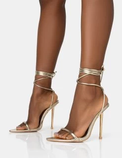 LOOK BACK WIDE FIT GOLD METALLIC POINTED TOE LACE UP STILETTO HEELS -Chic Footwear Shop 771A1597